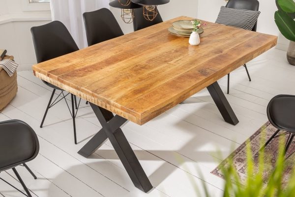 Massieve eettafel IRON CRAFT 160cm natuurlijk mangohout industrieel design X-frame zwart metaal - 6540012